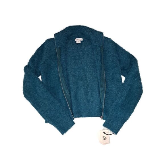 SINCERELY JULES NWT Women’s Medium Teal Fuzzy Full Zip Mock Neck Jacket - Picture 4 of 8